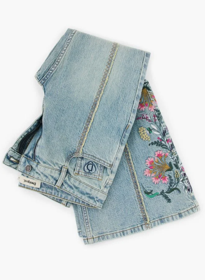 DESIGUAL Blue Jeans Trousers With Flower Topstitching for Women | Best Price UAE
